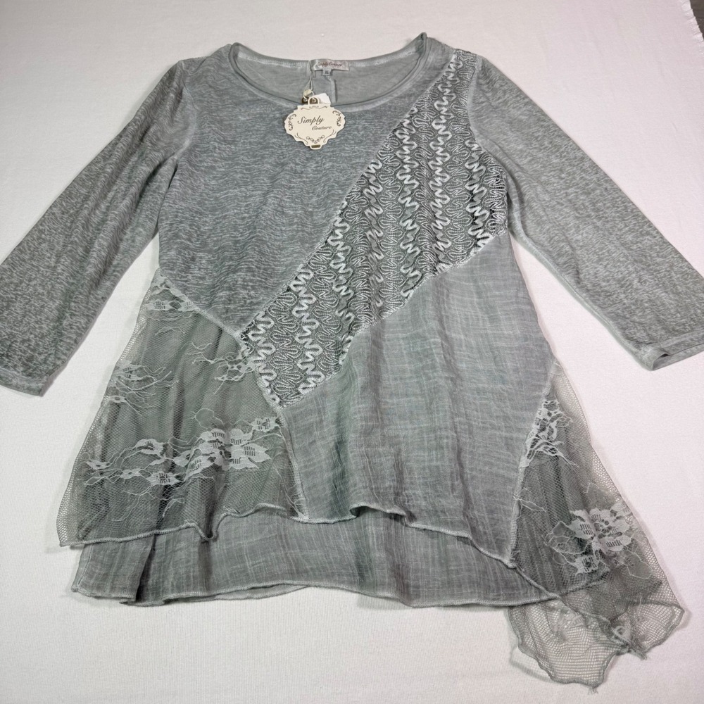 Simply Couture Mix Media Top XL Gray/Green Lace Crochet Asymmetrical Fairy NEW